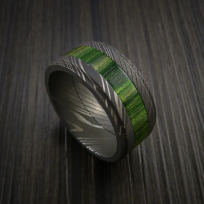 Damascus Steel Men's Ring with Wood Inlay Custom Made Wedding Band