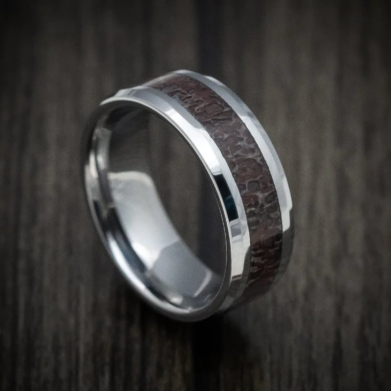 Tungsten Men's Ring with Black Dinosaur Bone Inlay