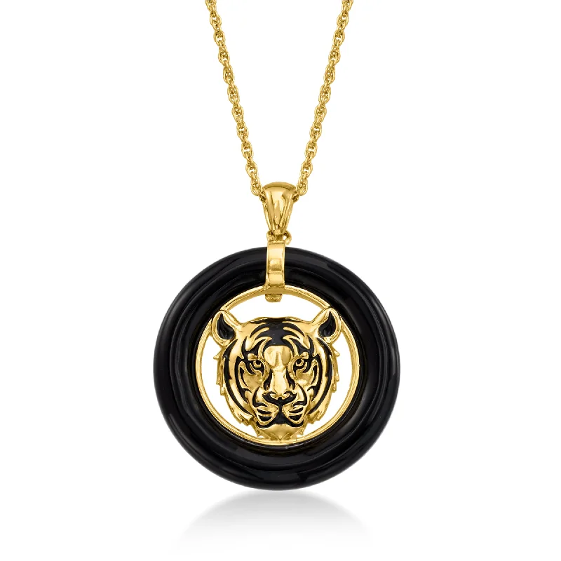 Yarn fringe necklaces-Ross-Simons Black Agate Tiger Pendant Necklace With Black Enamel in 18kt Gold Over Sterling