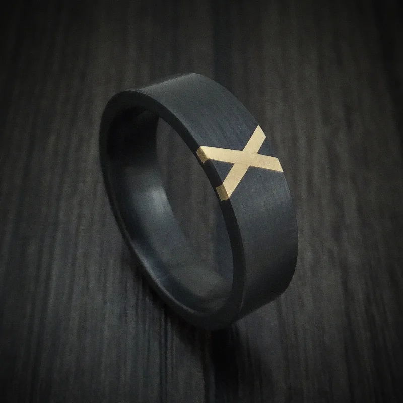 Black Zirconium Men's Ring with X Shaped 14K Gold Inlay Custom Made