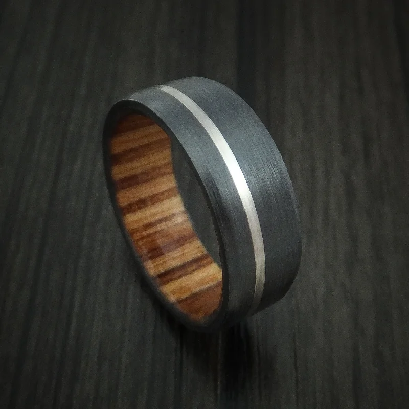 Black Titanium Men's Ring with Platinum Inlay and Hardwood Sleeve