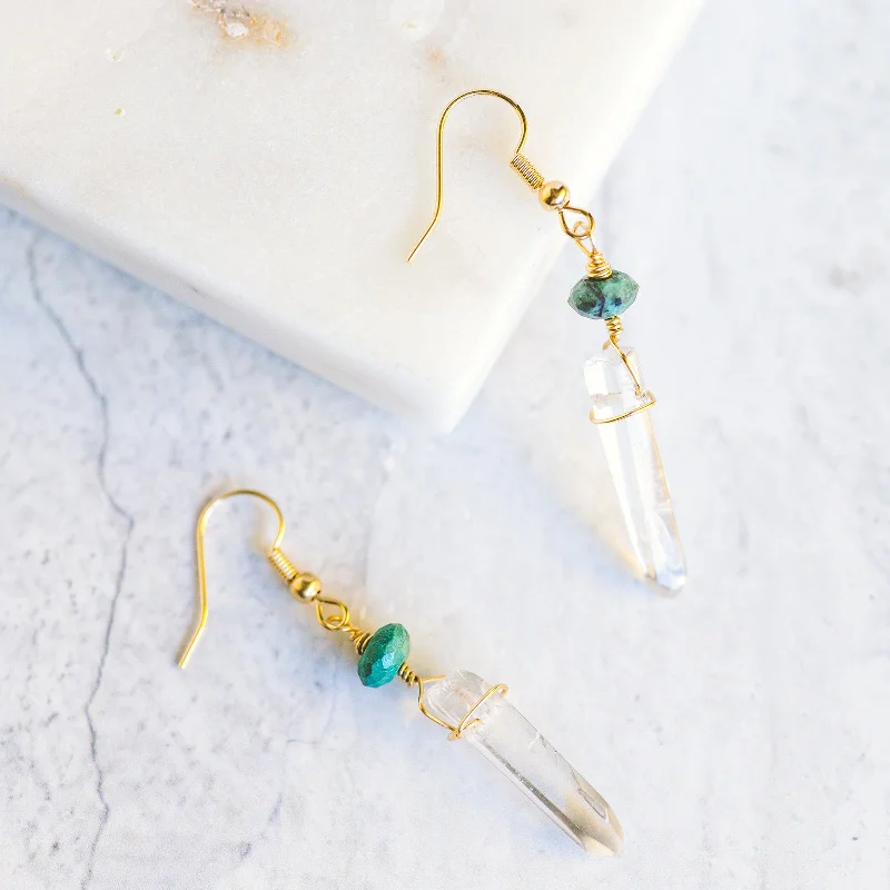 Loop knot earrings-Sea theme earrings-Wire Wrapped Crystal Earrings - Clear Quartz and Chrysocolla