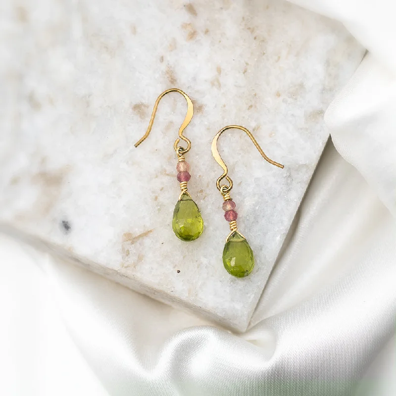 Stacked drop earrings-Ruby earrings-Peridot and Tourmaline Earrings