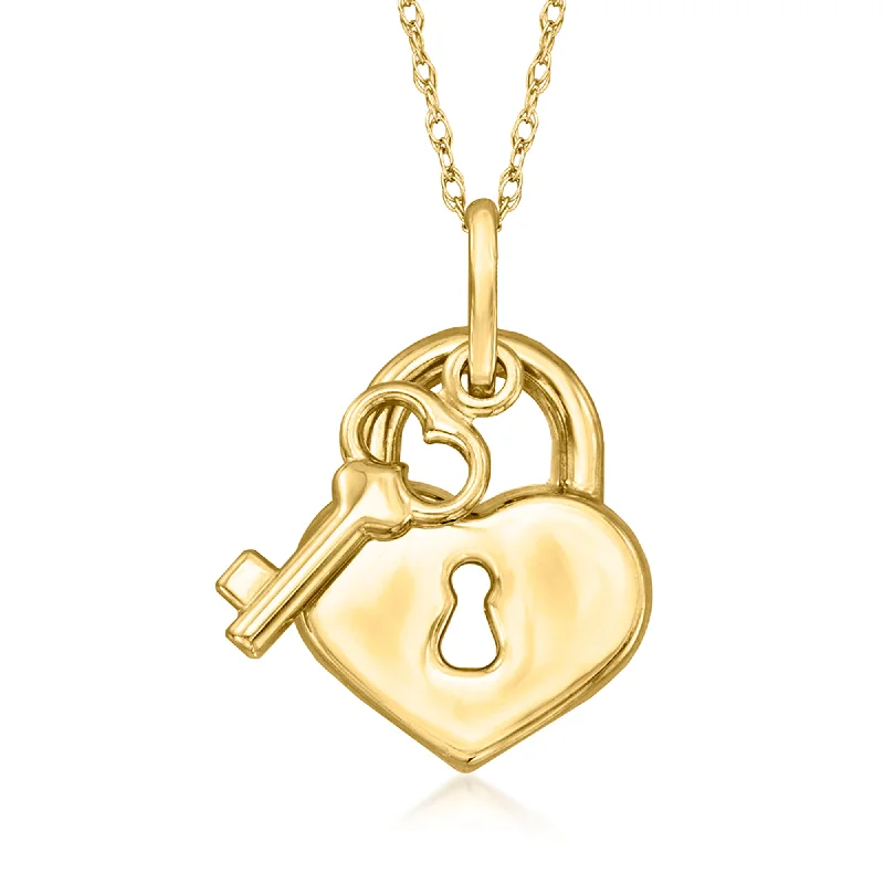 Oval gem necklaces-Ross-Simons Italian 14kt Yellow Gold Heart Lock and Key Pendant Necklace