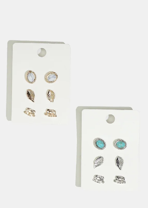 Dual-tone earrings-Stacked drop earrings-3-Pair Elephant & Leaf Stud Earrings