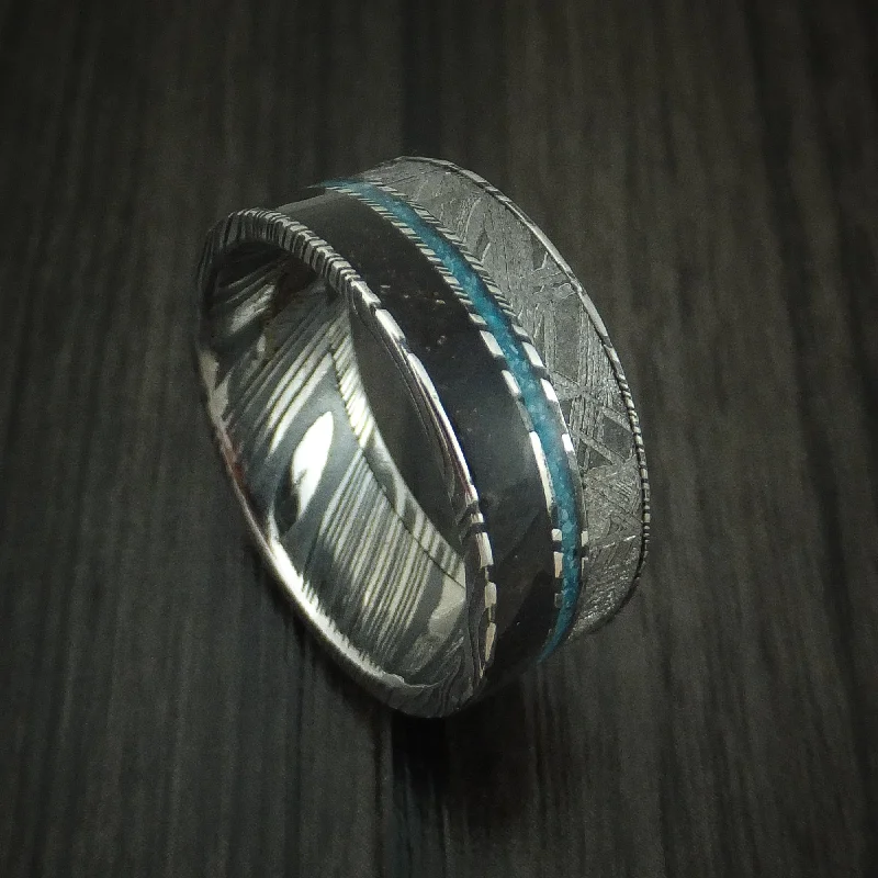 Kuro Damascus Steel Black Dinosaur Bone and Gibeon Meteorite Men's Ring with Turquoise Inlay Custom Made Fossil Band