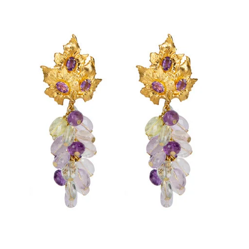 Bead weave earrings-Textured disc earrings-Amethyst and lemon quartz