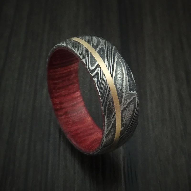 Kuro Damascus Steel Men's Ring with 14K Yellow Gold Inlay and Hardwood Sleeve Custom Made Wood Band