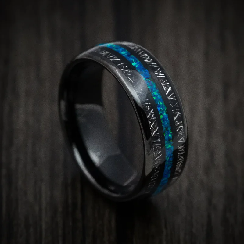 Black Tungsten Men's Ring with Opal and Titanium Shaving Inlays