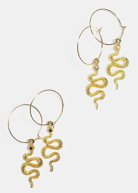 Thin wing earrings-Aged brass earrings-Snake Dangle Hoop Earrings