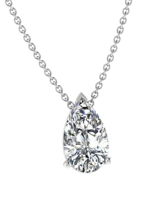 Tight clasp necklaces-3 Carat Pear Shape Lab Grown Diamond Solitaire Necklace In 14 Karat White Gold G-H, Vs2