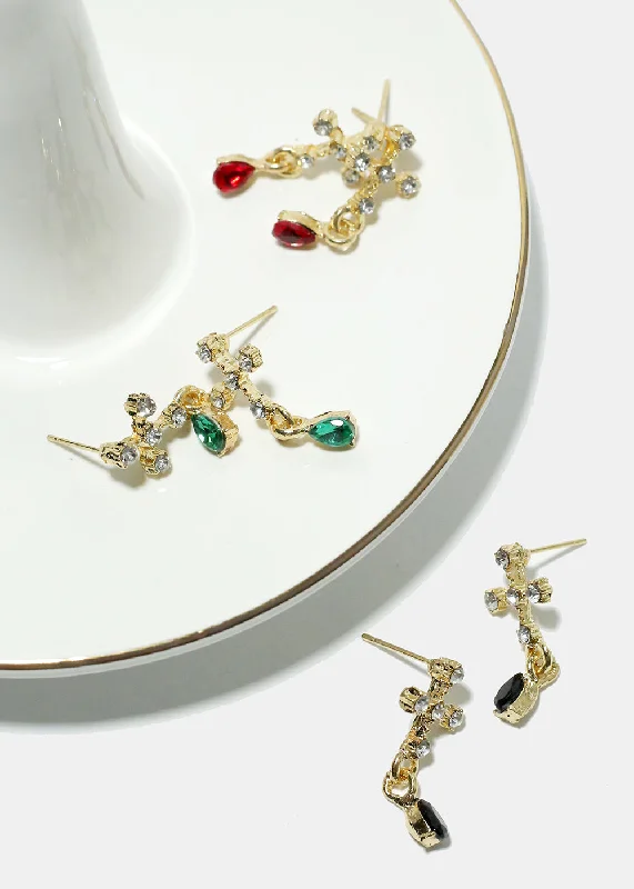 Sea theme earrings-Ruby stud earrings-Rhinestone Cross Chic Earrings