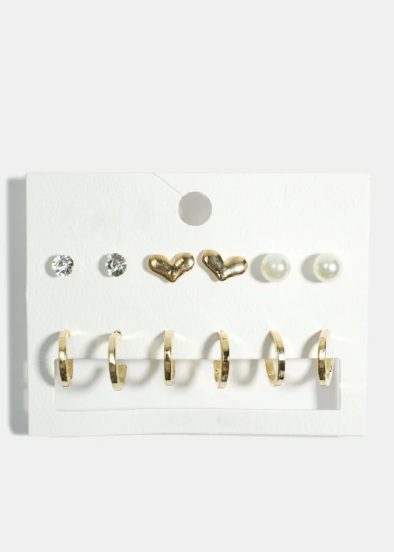 Tide shape rings-Solid bar earrings-6-Pair Hoop & Stud Earrings Set