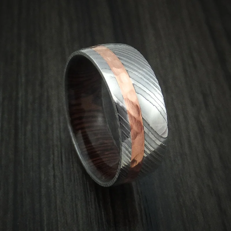 Damascus Steel and Hammered Copper Men's Ring with Wenge Wood Hardwood Sleeve Custom Made