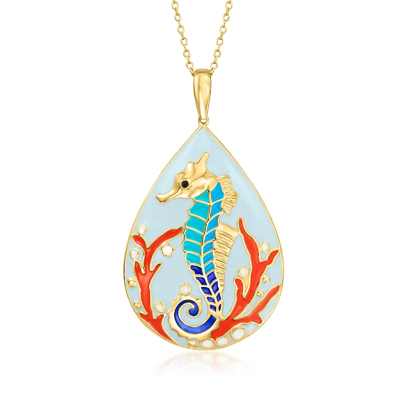 Tide pattern necklaces-Ross-Simons Multicolored Enamel Seahorse Pendant Necklace in 18kt Gold Over Sterling