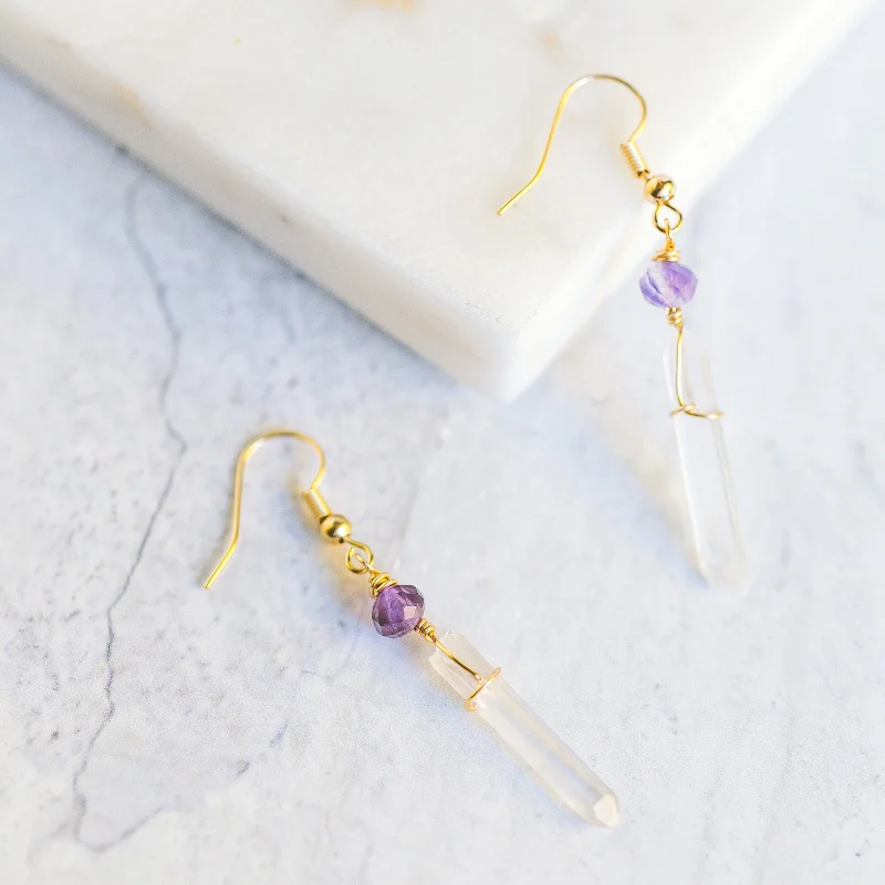 Wanderer weave earrings-Emerald stone earrings-Wire Wrapped Crystal Earrings - Clear Quartz and Amethyst