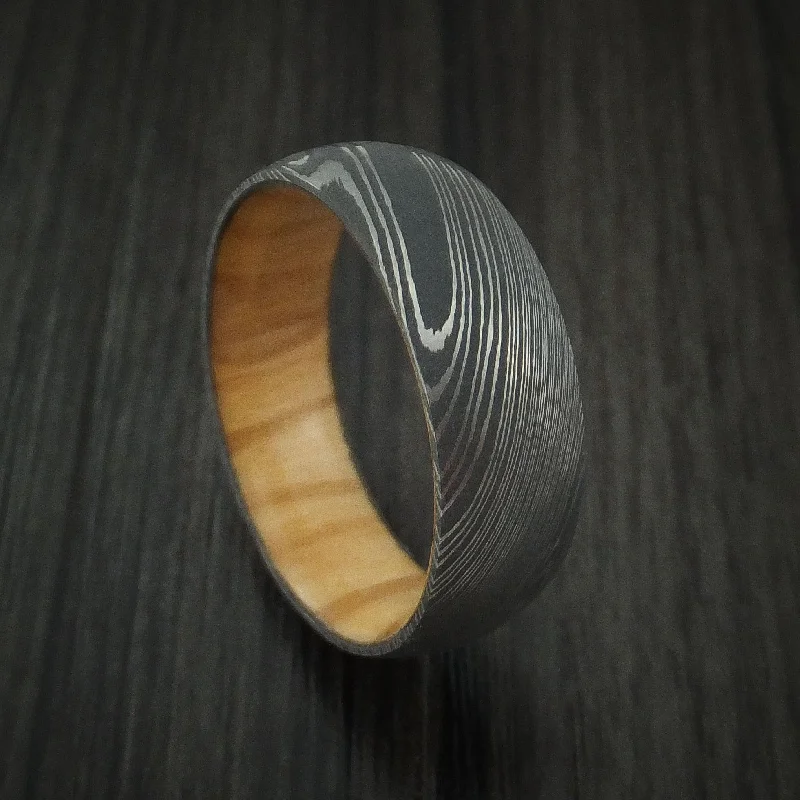 Damascus Steel Men's Ring with Olive Wood Hardwood Interior Sleeve Custom Made