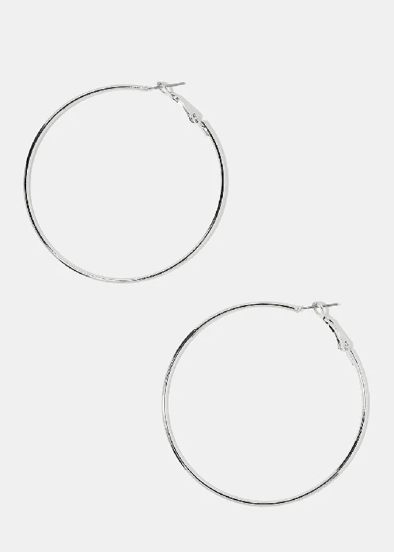 Textured letter rings-Fox wing earrings-60MM Silver Metal Hoop Earrings