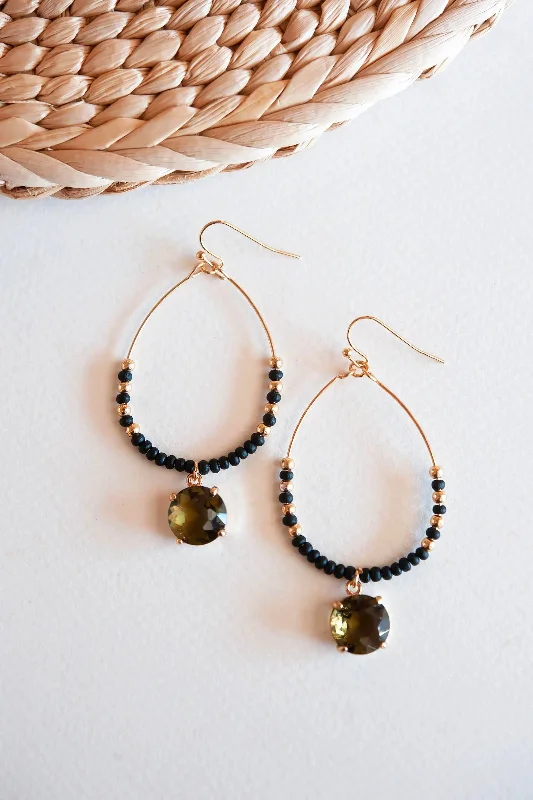 Round stud earrings-Tiny dot earrings-Laticia Black and Topaz Beaded Teardrop Hoop Earrings