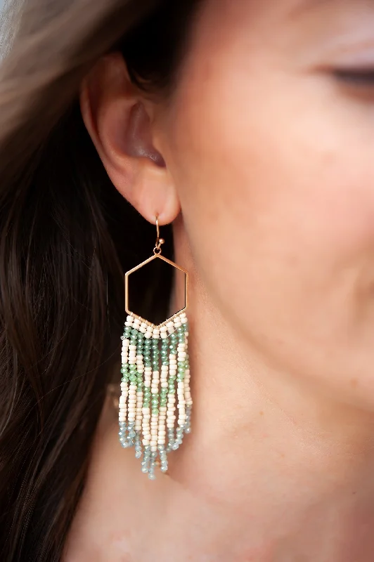 Leaf hoop earrings-Glossy shine earrings-Devon Mint Beaded Drop Earrings | Boho Hand Beaded Earrings | Beach Babe Coastal Style | White and Mint Green Delicate Beads