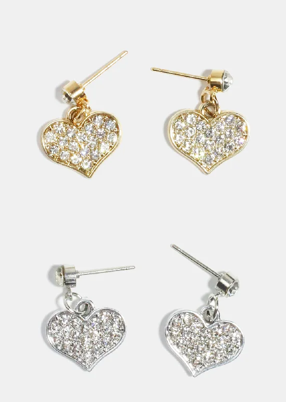 Fine texture rings-Fine texture earrings-Rhinestone Heart Dangle Earrings