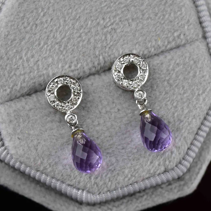 Hand-sleek rings-Thick tier earrings-Vintage 14K White Gold Diamond Briolette Amethyst Earrings