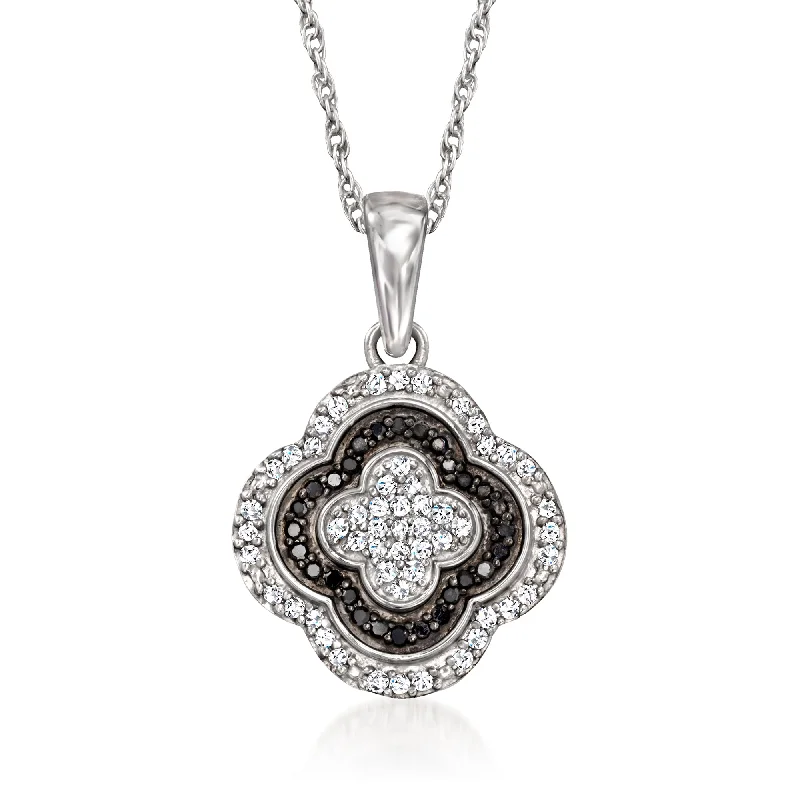 Simple cross necklaces-Ross-Simons Black and White Diamond Clover Pendant Necklace in Sterling Silver