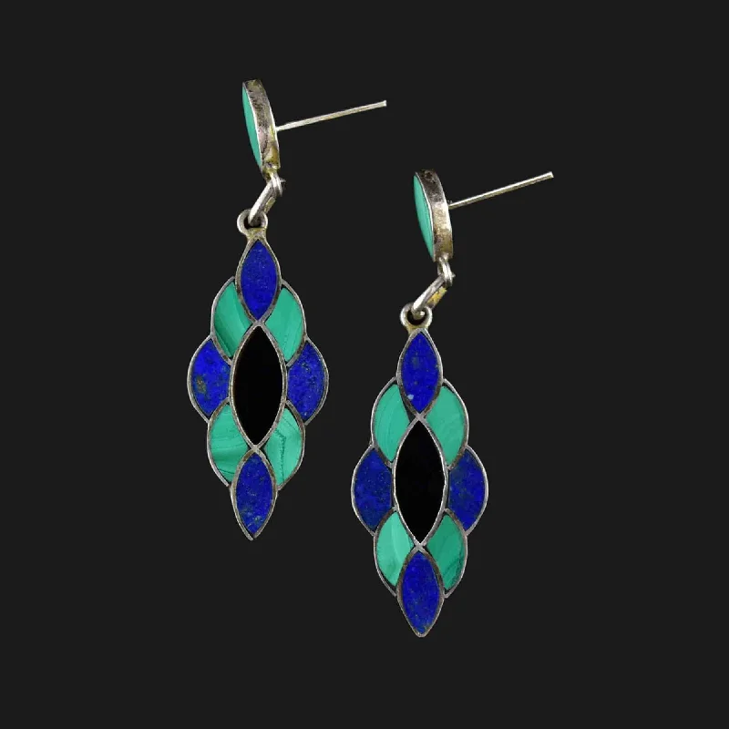 Ruby earrings-Sleek design earrings-Vintage Silver Lapis Lazuli Malachite Chandelier Earrings