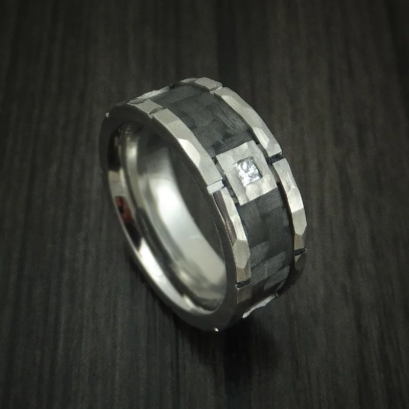 Cobalt Chrome Hammered Men's Ring with Carbon Fiber Inlay and Diamond Custom Band