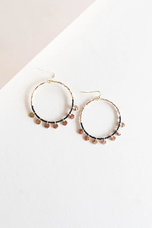 Thin hoop earrings-Alloy metal earrings-Alana Black and Gold Beaded Hoops | Boho Chic Earrings