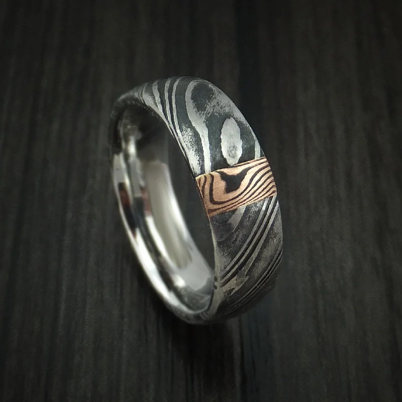 Kuro Damascus Steel Men's Ring with 14k Rose Gold Mokume Vertical Inlay Custom Made Band