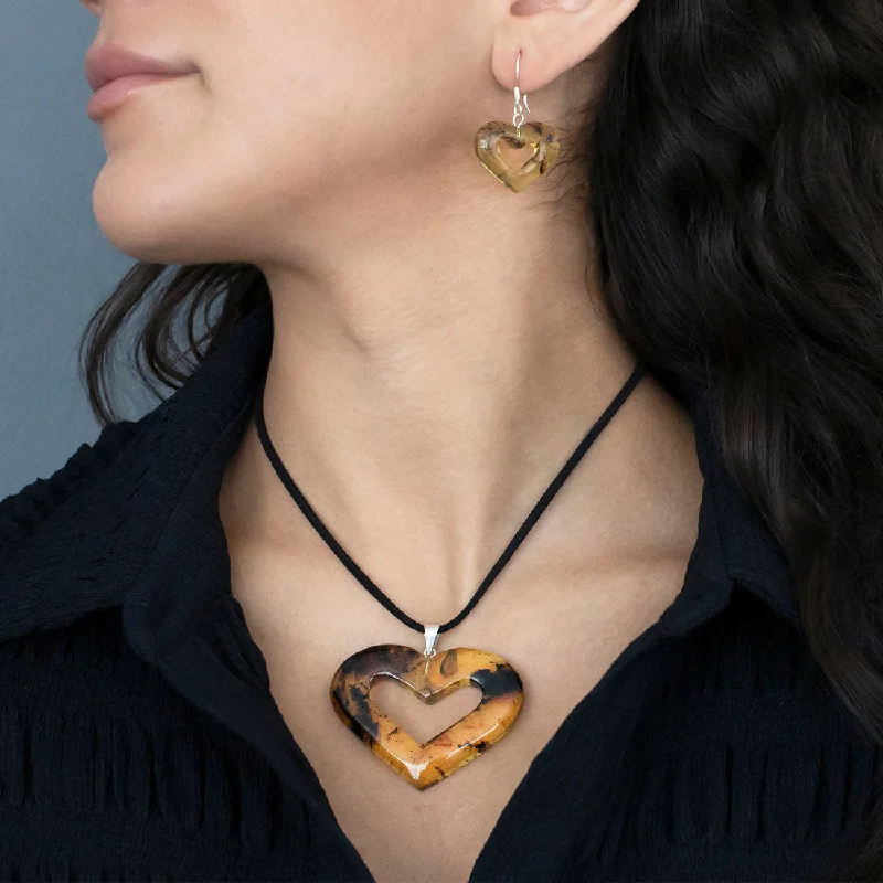 Glossy shine necklaces-Large Amber Heart Pendant Necklace & Earrings Set