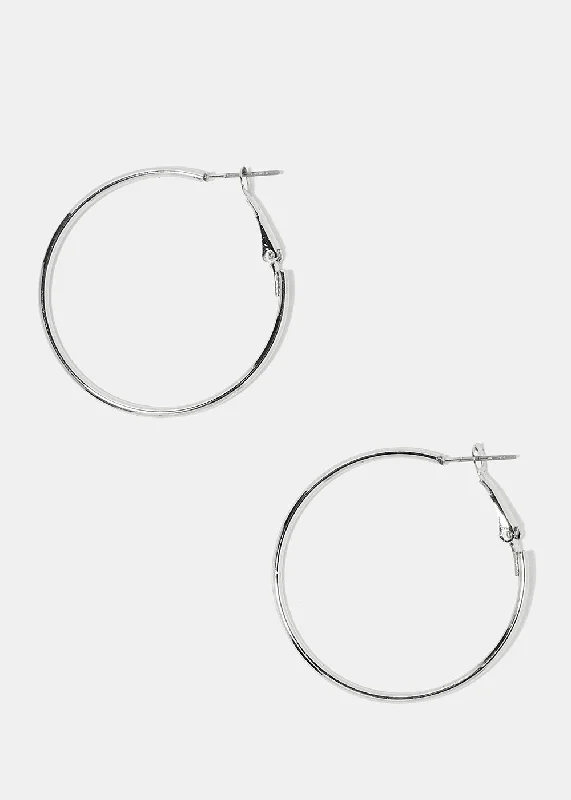 Thin heart rings-Cedar wood earrings-40MM Silver Metal Hoop Earrings