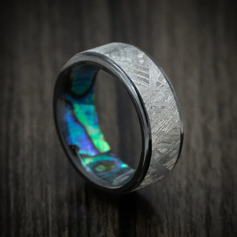 Black Titanium Men's Ring with Gibeon Meteorite Inlay and Abalone Sleeve Custom Made Band