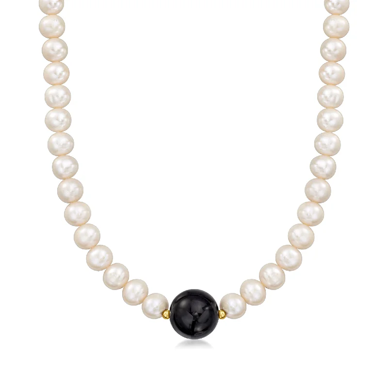 Thin rope necklaces-Ross-Simons 16mm Onyx Bead and 8-8.5mm Cultured Pearl Necklace With 14kt Yellow Gold