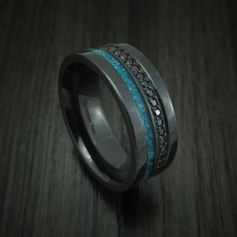 Black Zirconium and Black Diamond Men's Ring with Turquoise Inlay Custom Made