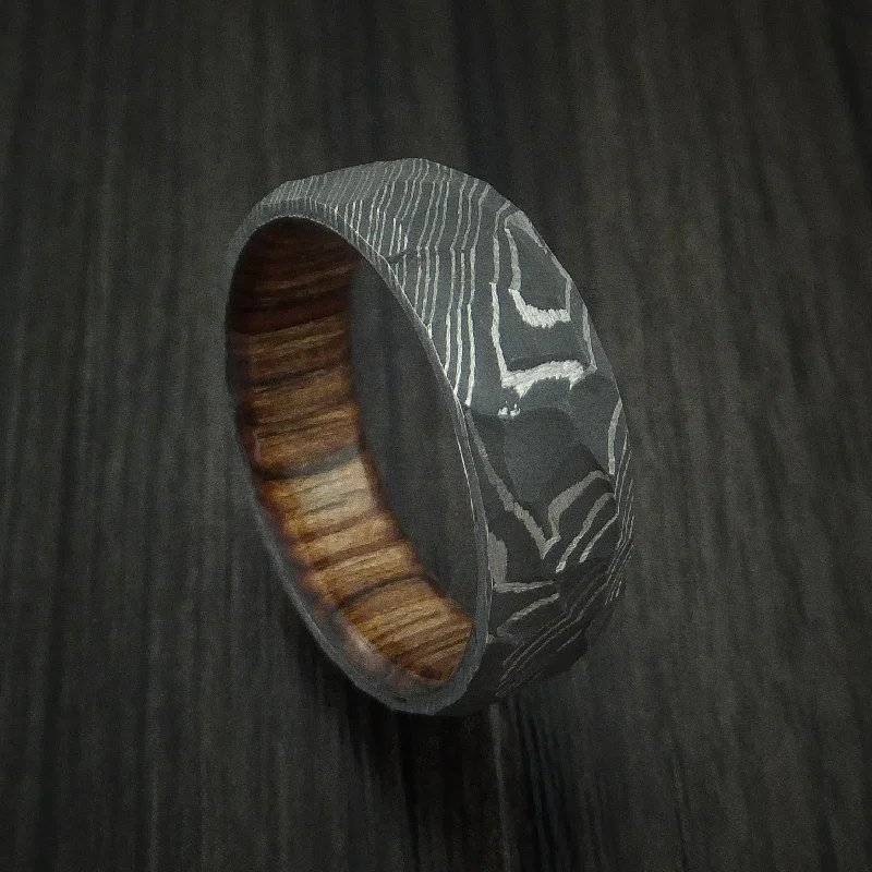 Damascus Steel Rock Hammer Men's Ring with Hardwood Sleeve Custom Made