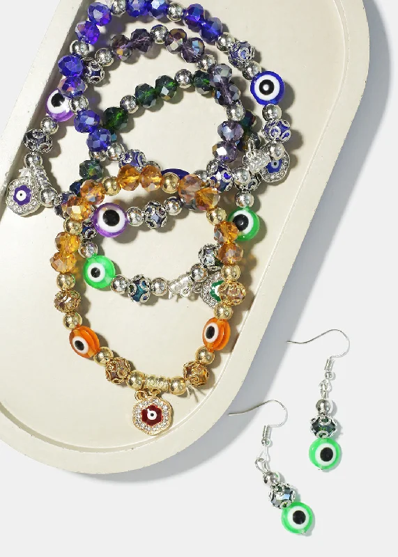 Emerald stone rings-Fine heart earrings-Evil Eye Bracelet & Earring Set