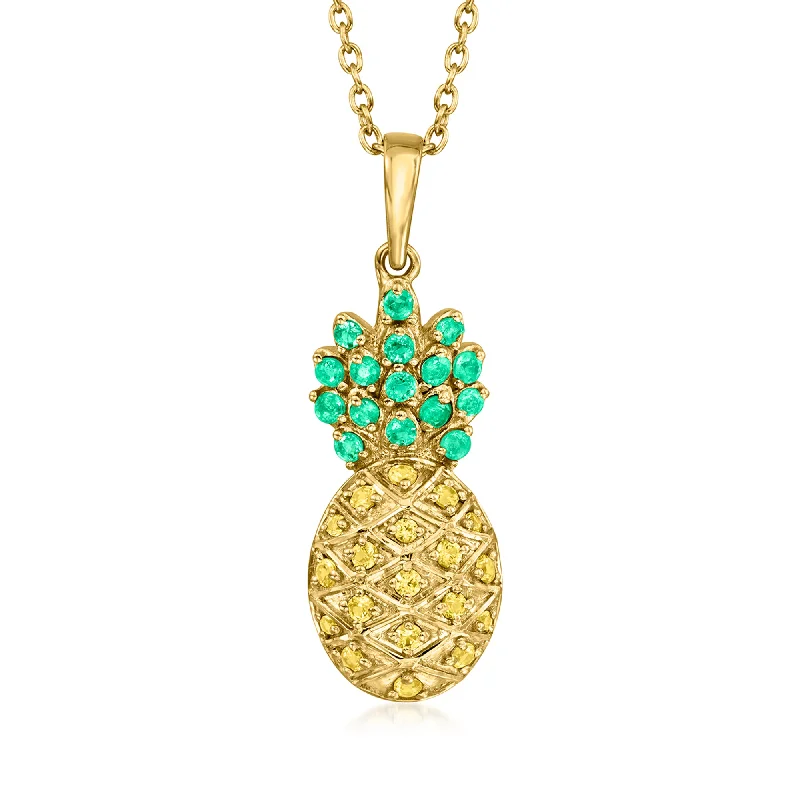 Stretch cord necklaces-Ross-Simons Yellow Sapphire and . Emerald Pineapple Pendant Necklace in 18kt Gold Over Sterling