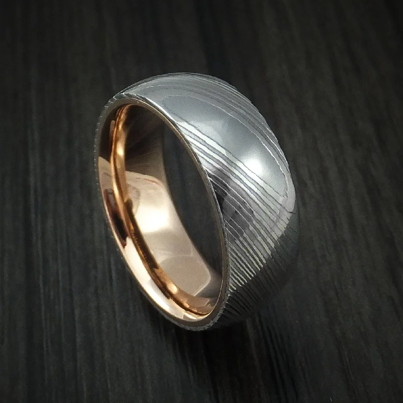 Damascus Steel Men's Ring with 18k Rose Gold Sleeve Custom Made Band