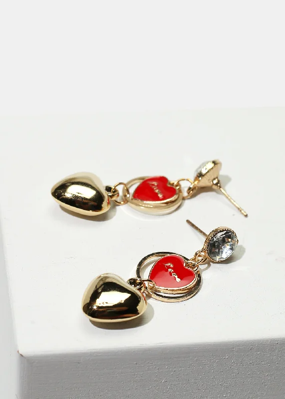 Thin rose earrings-Bright druzy earrings-Heart Dangle Earrings