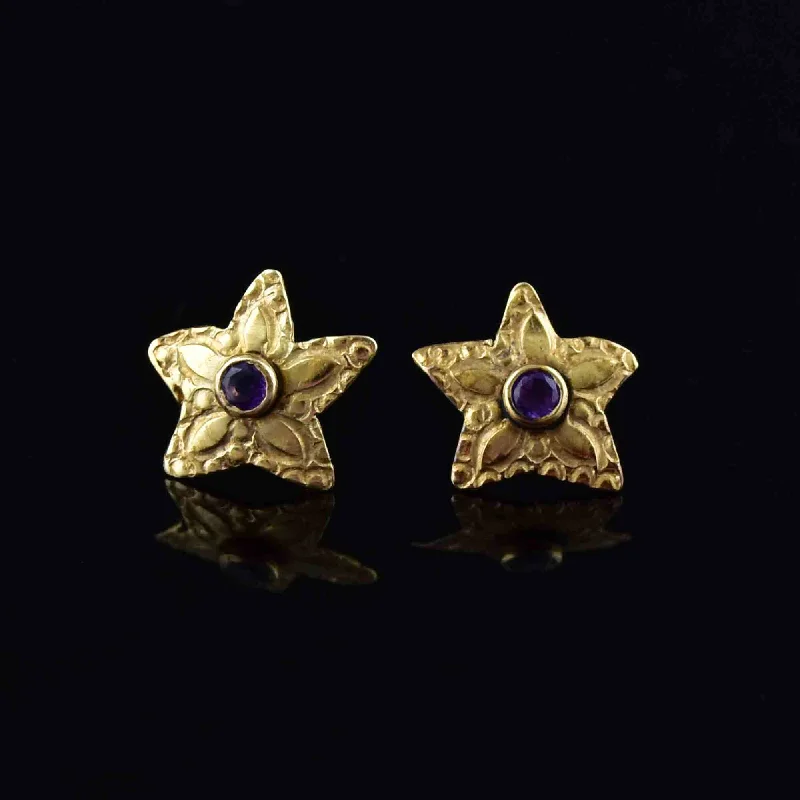 Playful rings-Retro style earrings-Vintage 14K Gold Star Amethyst Stud Earrings