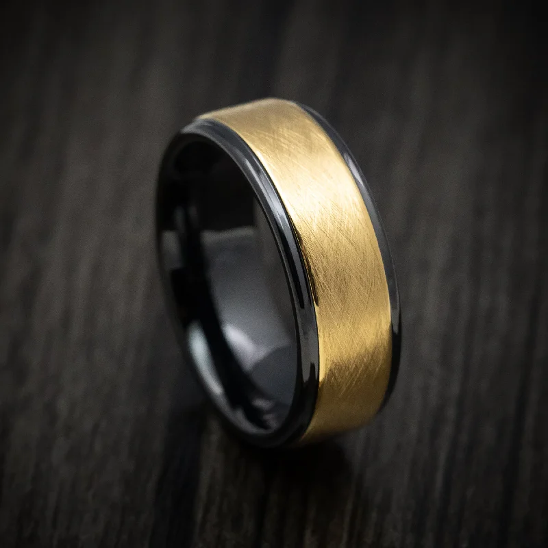 Black Tungsten Men's Ring with Yellow Gold Inlay