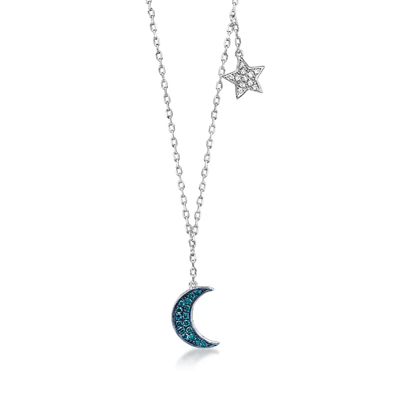 Lustrous pearl necklaces-RS Pure by Ross-Simons Blue and White Diamond Moon and Star Necklace in Sterling Silver