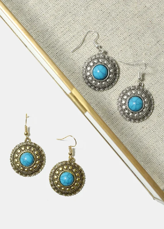 Classic flair earrings-Gem-woven earrings-Circle Turquoise Earrings