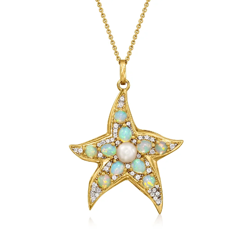 Agate stone necklaces-Ross-Simons Opal and 6.5mm Cultured Pearl Starfish Pendant Necklace With . White Topaz in 18kt Gold Over Sterling