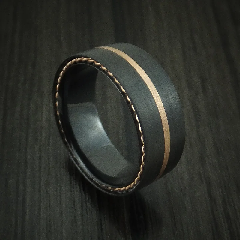 Black Zirconium Men's Ring with Gold Inlay and Side Braids Custom Made Band