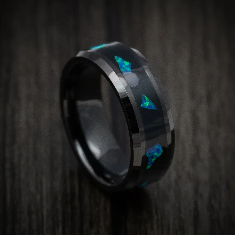 Black Tungsten Men's Ring with Opal Chunk Inlay