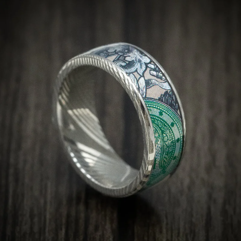 Damascus Steel Men's Ring with Kings Wild Project Legal Tender Playing Card Inlay Custom Made Band