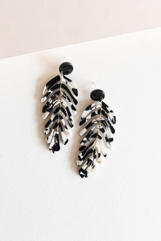 Wanderer feather earrings-Bright druzy earrings-Black and White Marble Dangle | Monstera Leaf Earrings